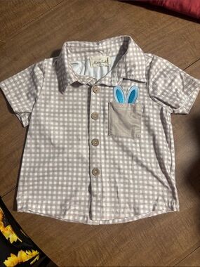 Beige Gingham Kids' Button-Up Shirt with Pocket Bunny